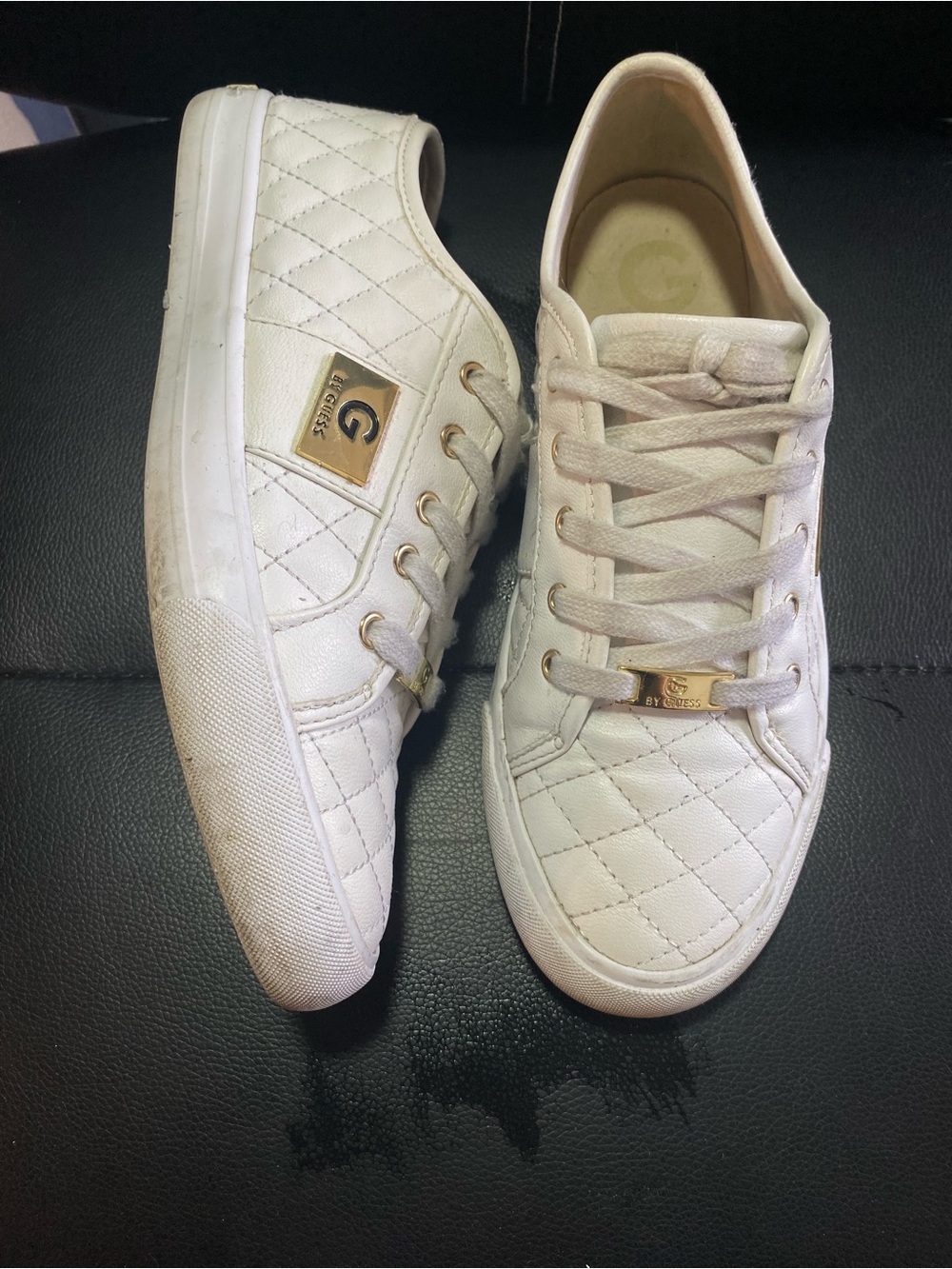 G by Guess White Quilted Low-Top Sneakers with Gold Accents Size 8.5